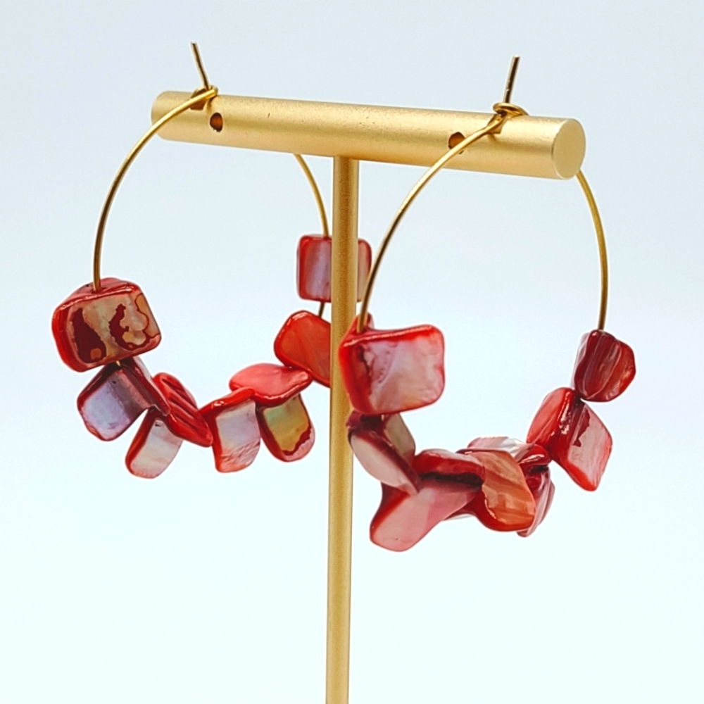 Natural Coral Mother of Pearl Hoop Earrings